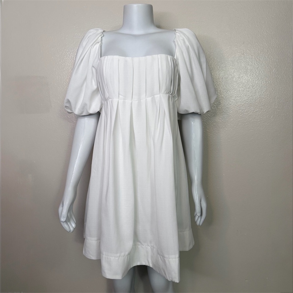 Ivory square neckline puff sleeve pleated bust babydoll mini dress